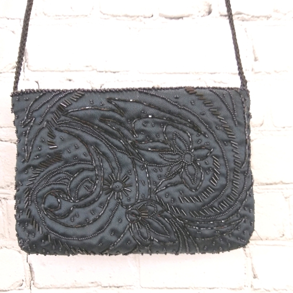 3/$15 Black satin hand beaded evening bag